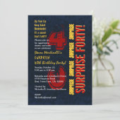 Invitation SURPRISE 40e anniversaire moderne Red Gold Blue (Debout devant)
