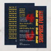 Invitation SURPRISE 40e anniversaire moderne Red Gold Blue (Devant / Derrière)