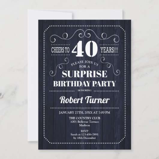 Invitation Surprise 40e anniversaire - Motif en bois bleu mar (Devant)