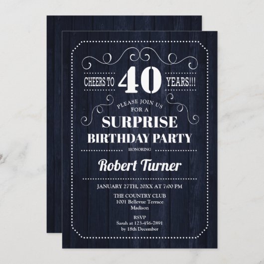 Invitation Surprise 40e anniversaire - Motif en bois bleu mar (Devant / Derrière)