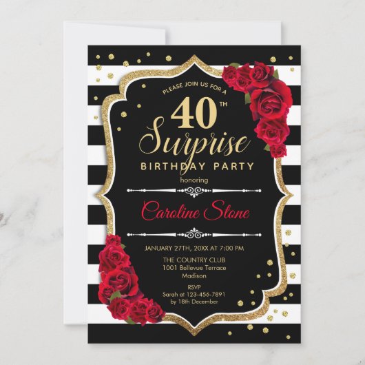 Invitation Surprise 40e anniversaire - Noir Blanc Rouge (Devant)