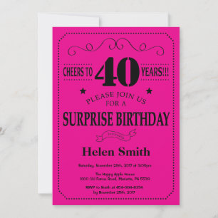 Invitation Surprise 40e anniversaire noir et rose vif