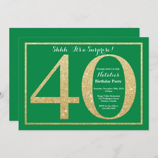 Invitation Surprise 40e anniversaire Parties scintillant vert (Devant / Derrière)
