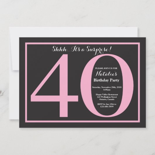 Invitation Surprise 40e anniversaire Pink and Black Chalkboar (Devant)