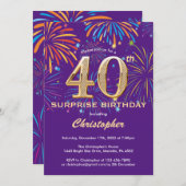 Invitation Surprise 40e anniversaire Purple and Gold Firework (Devant / Derrière)