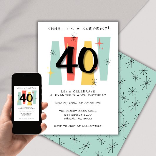 Invitation Surprise 40e anniversaire Retro Midsiècle moderne