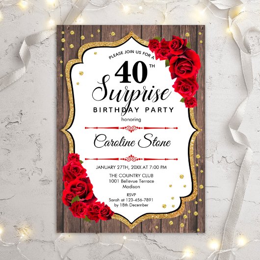 Invitation Surprise 40e Anniversaire - Roses Rouges Bois Rust