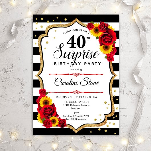 Invitation Surprise 40e anniversaire - Roses rouges tournesol