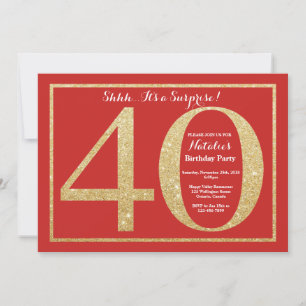 Invitation Surprise 40e Anniversaire Rouge et Or Paillettes