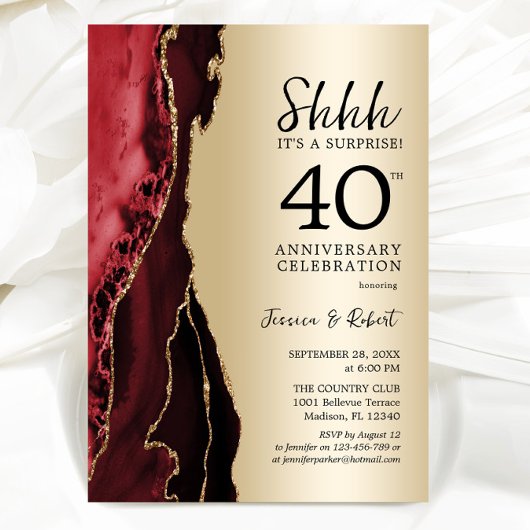 Invitation Surprise 40e anniversaire Rouge Rubis Or