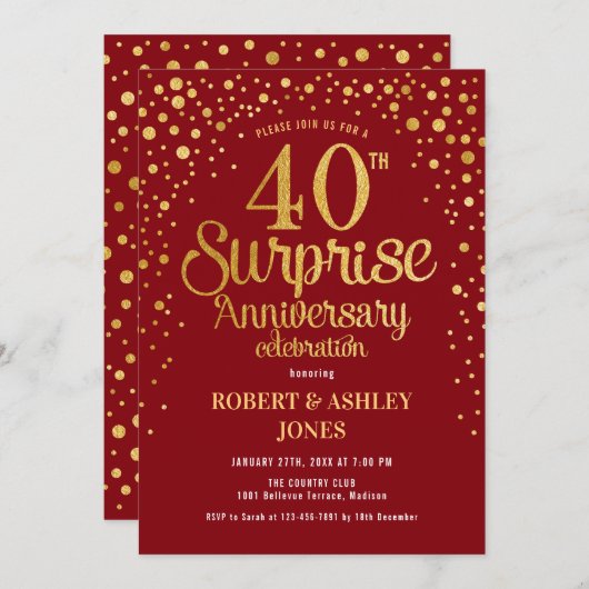 Invitation Surprise 40e anniversaire - Ruby Red & Gold (Devant / Derrière)