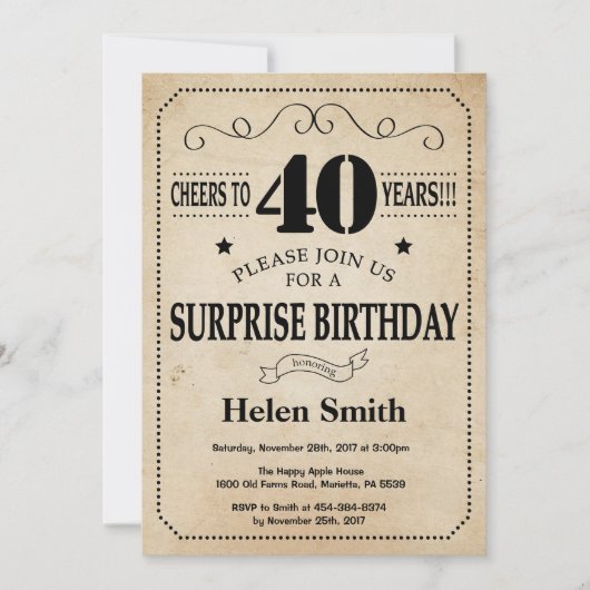 Invitation Surprise 40e anniversaire Rustic Vintage Retro (Devant)