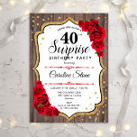 Invitation Surprise 40e anniversaire - Rustic Wood Red Roses<br><div class="desc">Invitation surprise 40e anniversaire. Design rustique féminin avec parties scintillant d'or faux. Motif en bois,  roses rouges,  police de caractères et confettis. Parfait pour une soirée d'anniversaire élégante. Peut être personnalisé pour montrer n'importe quel âge. Message-moi si vous avez besoin d'une personnalisation plus poussée.</div>