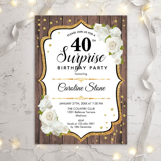 Invitation Surprise 40e anniversaire - Rustique Bois Roses Bl
