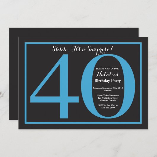 Invitation Surprise 40e anniversaire Tableau noir et bleu (Devant / Derrière)