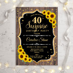 Invitation Surprise 40e anniversaire - Tournesols Bois rustiq<br><div class="desc">Invitation surprise 40e anniversaire. Feminine rustique noir,  design blanc avec faux or parties scintillant. Motif en bois,  tournesols,  caractères de script et confettis. Parfait pour une soirée d'anniversaire élégante. Peut être personnalisé pour montrer n'importe quel âge. Message-moi si vous avez besoin d'une personnalisation plus poussée.</div>