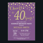 Invitation Surprise 40e anniversaire violet et diamant d'or<br><div class="desc">Invitation surprise 40e anniversaire avec Arrière - plan Diamond Parties scintillant violet et or. Confetti d'or. Anniversaire adulte. Hommes ou Femmes Anniversaire. Pour plus de personnalisation,  cliquez sur le bouton "Customiser" et utilisez notre outil de conception pour modifier ce modèle.</div>