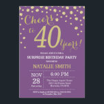 Invitation Surprise 40e anniversaire violet et diamant d'or<br><div class="desc">Invitation surprise 40e anniversaire avec Arrière - plan Diamond Parties scintillant violet et or. Confetti d'or. Anniversaire adulte. Hommes ou Femmes Anniversaire. Pour plus de personnalisation,  cliquez sur le bouton "Customiser" et utilisez notre outil de conception pour modifier ce modèle.</div>