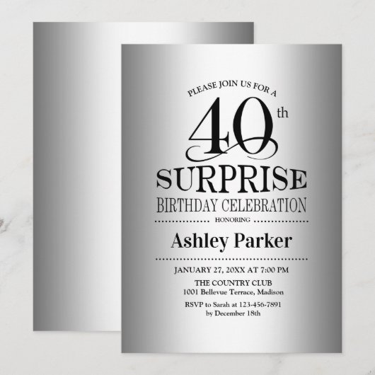 Invitation Surprise 40e fête d'anniversaire - Argent (Devant / Derrière)
