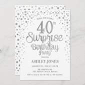 Invitation Surprise 40e fête d'anniversaire - Argent & Blanc (Devant / Derrière)
