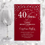 Invitation Surprise 40e fête d'anniversaire - Argent rouge<br><div class="desc">Invitation surprise 40e anniversaire de fête. Design élégant en rouge foncé et faux argent parties scintillant. Fonctionne la police de script et les confettis de diamants. Salut à 40 ans ! Message-moi si vous avez besoin d'une personnalisation plus poussée.</div>