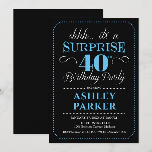 Invitation Surprise 40e fête d'anniversaire - Black Blue (Devant / Derrière)
