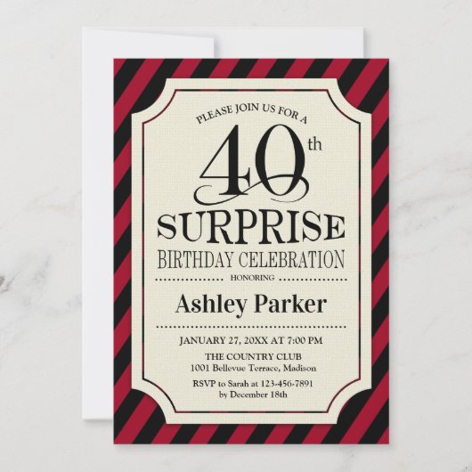 Invitation Surprise 40e fête d'anniversaire - Black Red Strip (Devant)