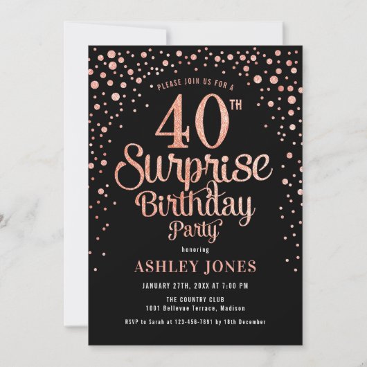 Invitation Surprise 40e fête d'anniversaire - Black & Rose Go (Devant)
