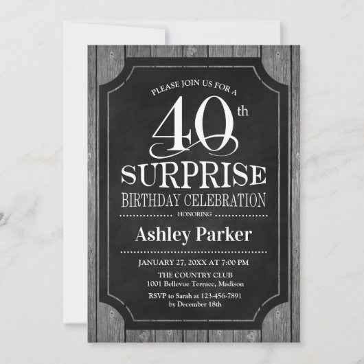 Invitation Surprise 40e fête d'anniversaire - Chalkboard Whit (Devant)