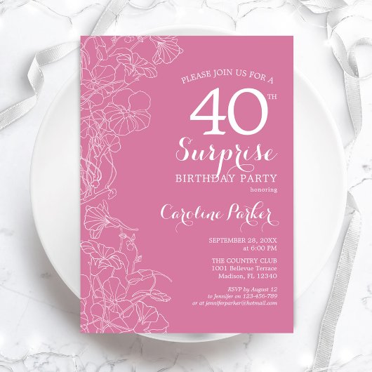Invitation Surprise 40e fête d'anniversaire - Floral rose