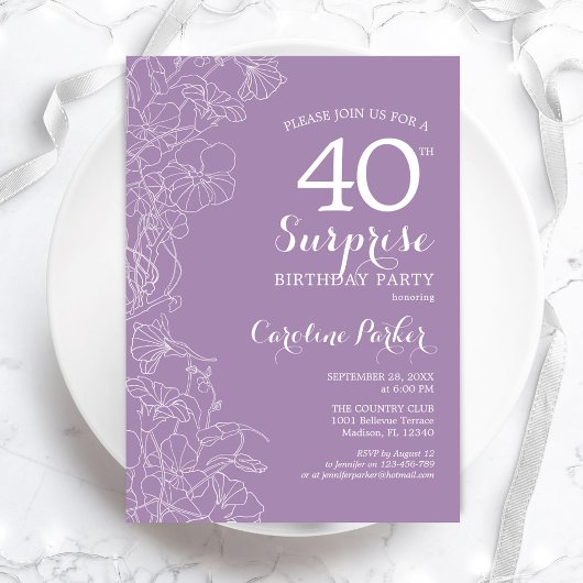 Invitation Surprise 40e fête d'anniversaire - Floral violet
