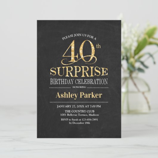 Invitation Surprise 40e fête d'anniversaire - Gold Black (Debout devant)
