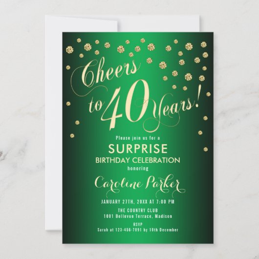 Invitation Surprise 40e fête d'anniversaire - Gold Green (Devant)
