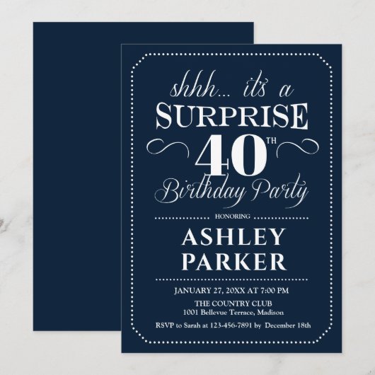 Invitation Surprise 40e fête d'anniversaire - Marine White (Devant / Derrière)