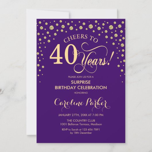 Invitation Surprise 40e fête d'anniversaire - Purple Gold (Devant)