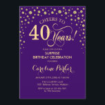 Invitation Surprise 40e fête d'anniversaire - Purple Gold<br><div class="desc">Invitation surprise 40e anniversaire de fête. Design élégant en or violet royal et faux parties scintillant. Fonctionne la police de script et les confettis de diamants. Salut à 40 ans ! Message-moi si vous avez besoin d'une personnalisation plus poussée.</div>