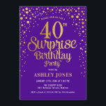 Invitation Surprise 40e fête d'anniversaire - Purple & Gold<br><div class="desc">Invitation surprise 40e anniversaire de fête. Design élégant en or violet royal et faux parties scintillant. Comprend des polices de caractères et des confettis stylisés. Message-moi si vous avez besoin d'âge personnalisé.</div>