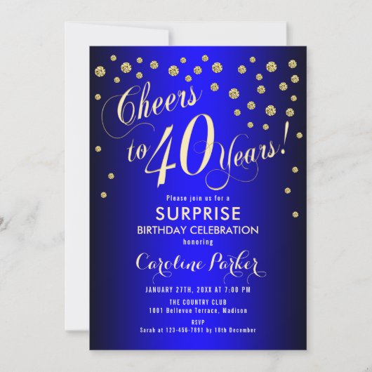 Invitation Surprise 40e fête d'anniversaire - Royal Blue Gold (Devant)