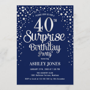 Invitation Surprise 40e fête d'anniversaire - Silver & Navy B