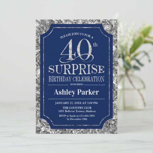 Invitation Surprise 40e fête d'anniversaire - Silver Navy Blu (Debout devant)