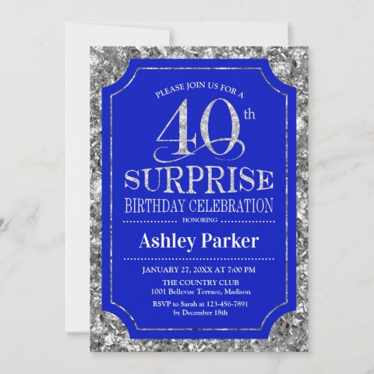 Invitation Surprise 40e fête d'anniversaire - Silver Royal Bl (Devant)