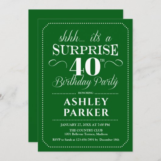 Invitation Surprise 40e fête d'anniversaire - Vert Blanc (Devant / Derrière)