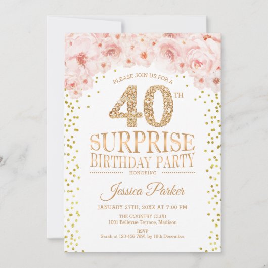 Invitation Surprise 40e fête d'anniversaire - White Gold Pink (Devant)