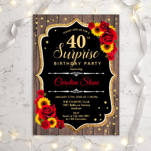 Invitation Surprise 40th Birthday - Rustic Wood Sunflowers