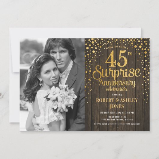 Invitation Surprise 45e Anniversaire avec Photo - Bois Or (Devant)