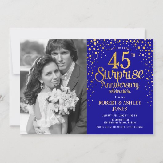 Invitation Surprise 45e anniversaire avec photo - Or Bleu (Devant)