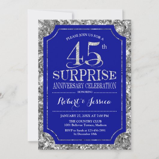 Invitation Surprise 45e anniversaire de mariage - Bleu Argent (Devant)
