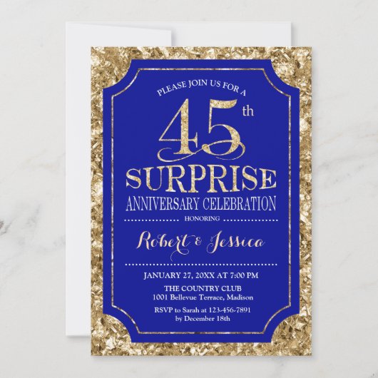 Invitation Surprise 45e anniversaire de mariage - Bleu Or (Devant)