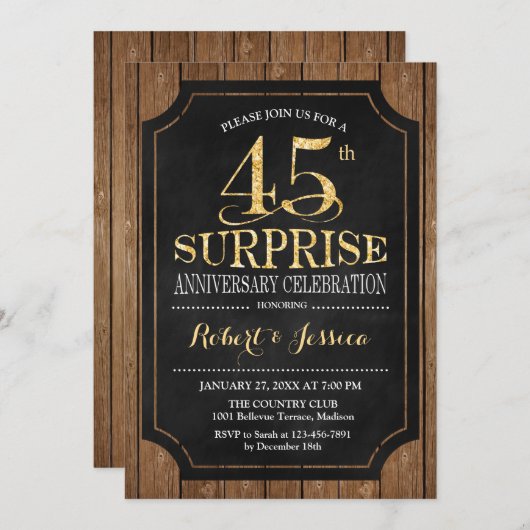 Invitation Surprise 45e anniversaire de mariage - Bois Or (Devant / Derrière)