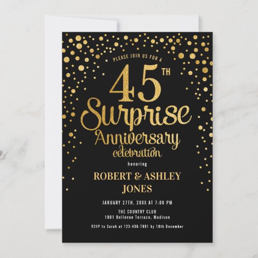Invitation Surprise 45e anniversaire de mariage - Noir et or (Devant)